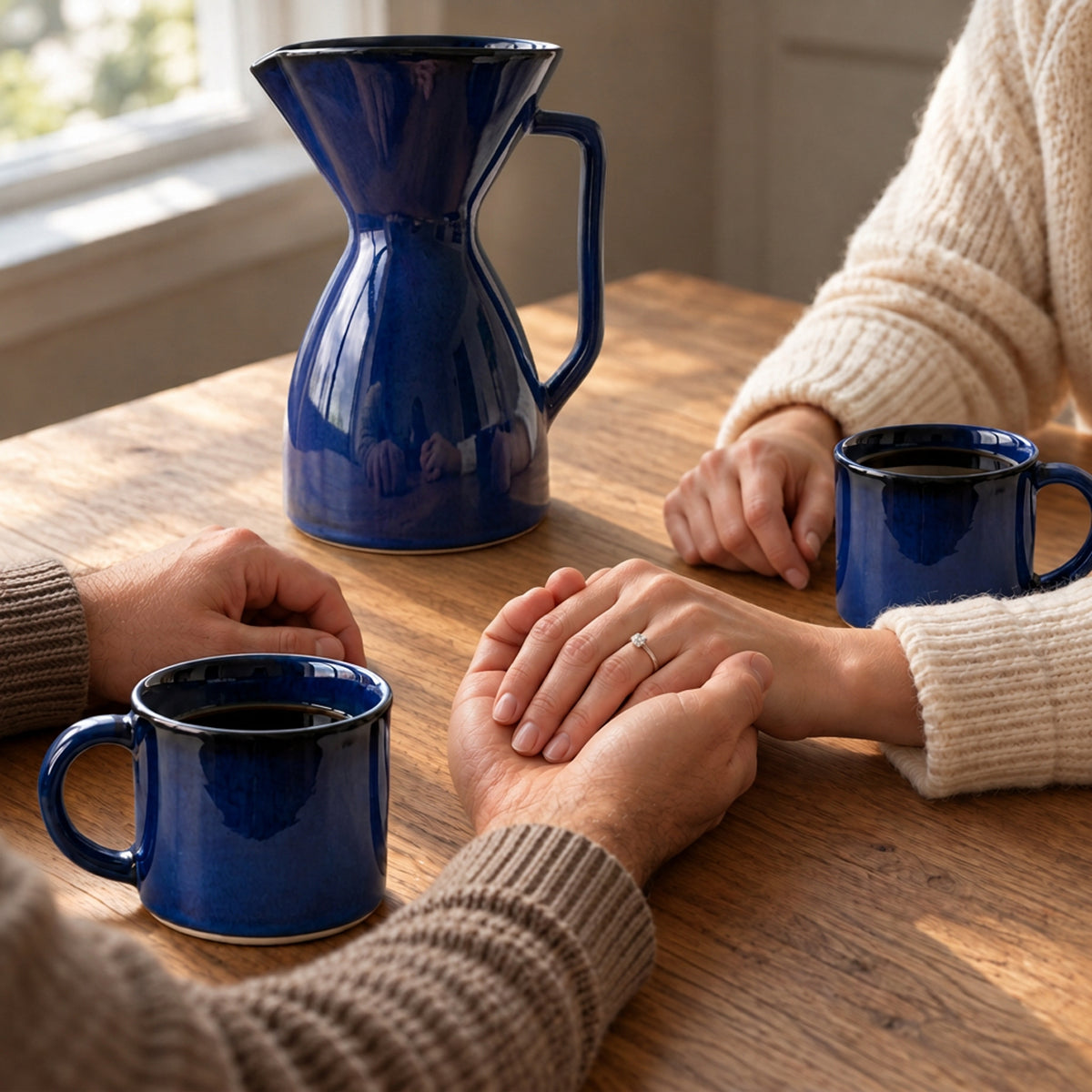 a couple celebrating their 9th anniversary with traditional gift of pottery. Gifting a midnight blue Scandinavian ceramic pour-over coffee maker with matching lid and two mugs.